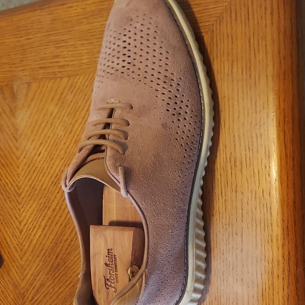 Shell Pink Suede Oxfords by Steve Madden with laser cut brogues